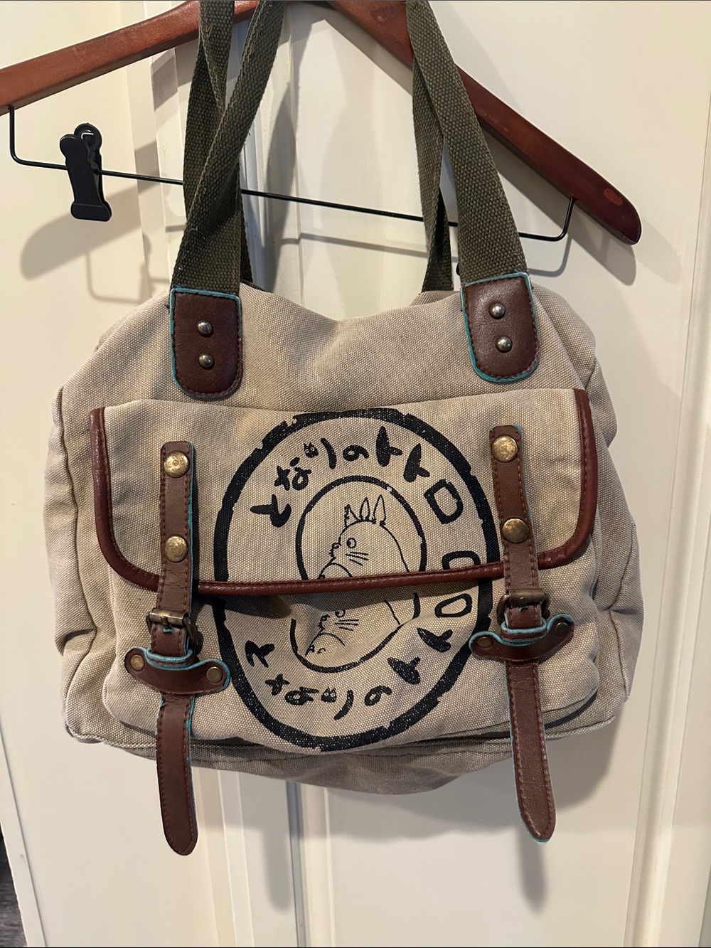 Canvas Messenger Bag with Totoro Graphic - Beige and Brown